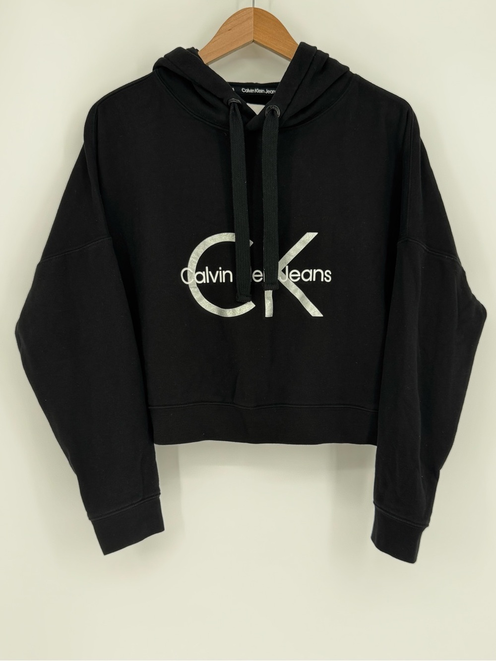 Calvin Klein Jeans Women’s L Black Pullover Drawstring Cropped Hoodie